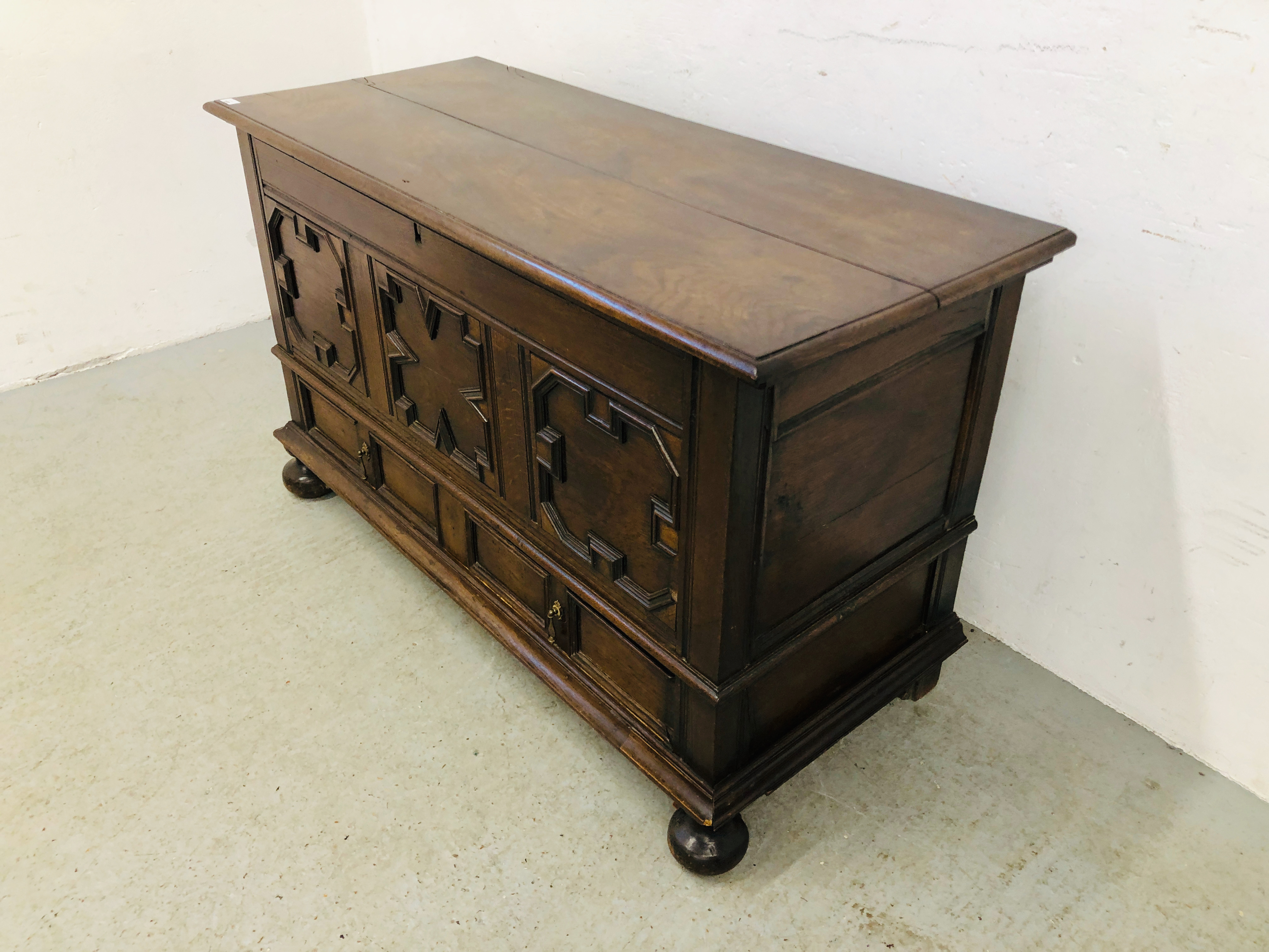 ANTIQUE OAK COFFER WITH TWO DRAWERS IN THE JACOBEAN STYLE - W 131CM. D 55CM. H 79CM. - Image 2 of 12