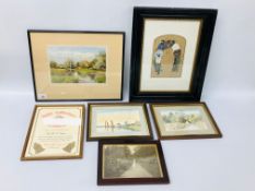 COLLECTION OF FRAMED VINTAGE PICTURES AND PRINTS TO INCLUDE HAND PAINTED GOOD LUCK POEM BY RUTH