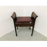 A MAHOGANY MUSIC STOOL WITH BERGERE PANEL DETAIL AND HINGED SEAT