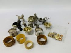 6 VARIOUS NAPKIN RINGS, SALT DISHES METAL DOG FIGURE,