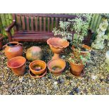 A GROUP OF TERRACOTTA GARDEN PLANTERS, URN AND SPHERE (9 PIECES), THE LARGEST PLANTER DIAMETER 45CM,