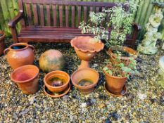 A GROUP OF TERRACOTTA GARDEN PLANTERS, URN AND SPHERE (9 PIECES), THE LARGEST PLANTER DIAMETER 45CM,