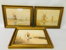 3 X GILT FRAMED LOCAL WATERCOLOURS, SOMERLEYTON, ON THE WAVENEY & BARTON BEARING SIGNATURE W.