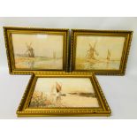 3 X GILT FRAMED LOCAL WATERCOLOURS, SOMERLEYTON, ON THE WAVENEY & BARTON BEARING SIGNATURE W.