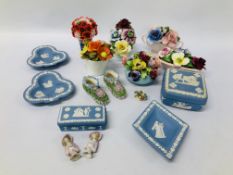 6 X ASSORTED POSIES, PAIR OF BOOTS ALONG WITH 5 PIECES OF WEDGEWOOD JASPER WARE ETC.