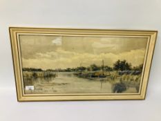 A FRAMED WATERCOLOUR BEARING SIGNATURE S.J. BATCHELDER, SOUTH WALSHAM BROAD, 57 X 28CM.