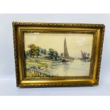 FRAMED WATERCOLOUR BROADS WHERRIES "POSTWICK GROVE" BEARING SIGNATURE S.J. BATCHELDER - H 20CM.