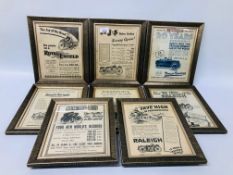 8 X FRAMED 1920'S BLACK AND WHITE MOTOR CYCLE ADVERTISING NEWSPAPER CUTTINGS W 18.5CM, H 23.