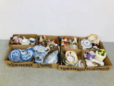 8 X BOXES OF ASSORTED GOOD QUALITY CHINA, CERAMICS AND ORNAMENTS TO INCLUDE VINTAGE BLUE AND WHITE,