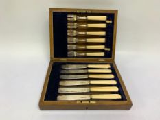 A CASED SET OF 6 SILVER FISH KNIVES AND FORKS WITH BONE HANDLES - OVERALL WEIGHT 370g INCLUDING