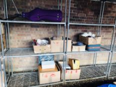 SIX BOXES CONTAINING AS NEW BED LINEN, WOOL, FOOTWARE,