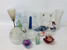 COLLECTION OF GLASSWARE TO INCLUDE DECANTERS, LIGHT SHADE, ART GLASS FISH, PAIR OF CANDLESTICKS,