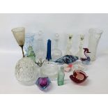 COLLECTION OF GLASSWARE TO INCLUDE DECANTERS, LIGHT SHADE, ART GLASS FISH, PAIR OF CANDLESTICKS,