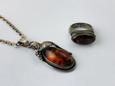 VINTAGE LOZENGE SHAPE SILVER MOUNTED AMBER PENDANT ON SILVER NECKLACE ALONG WITH A SILVER AMBER SET