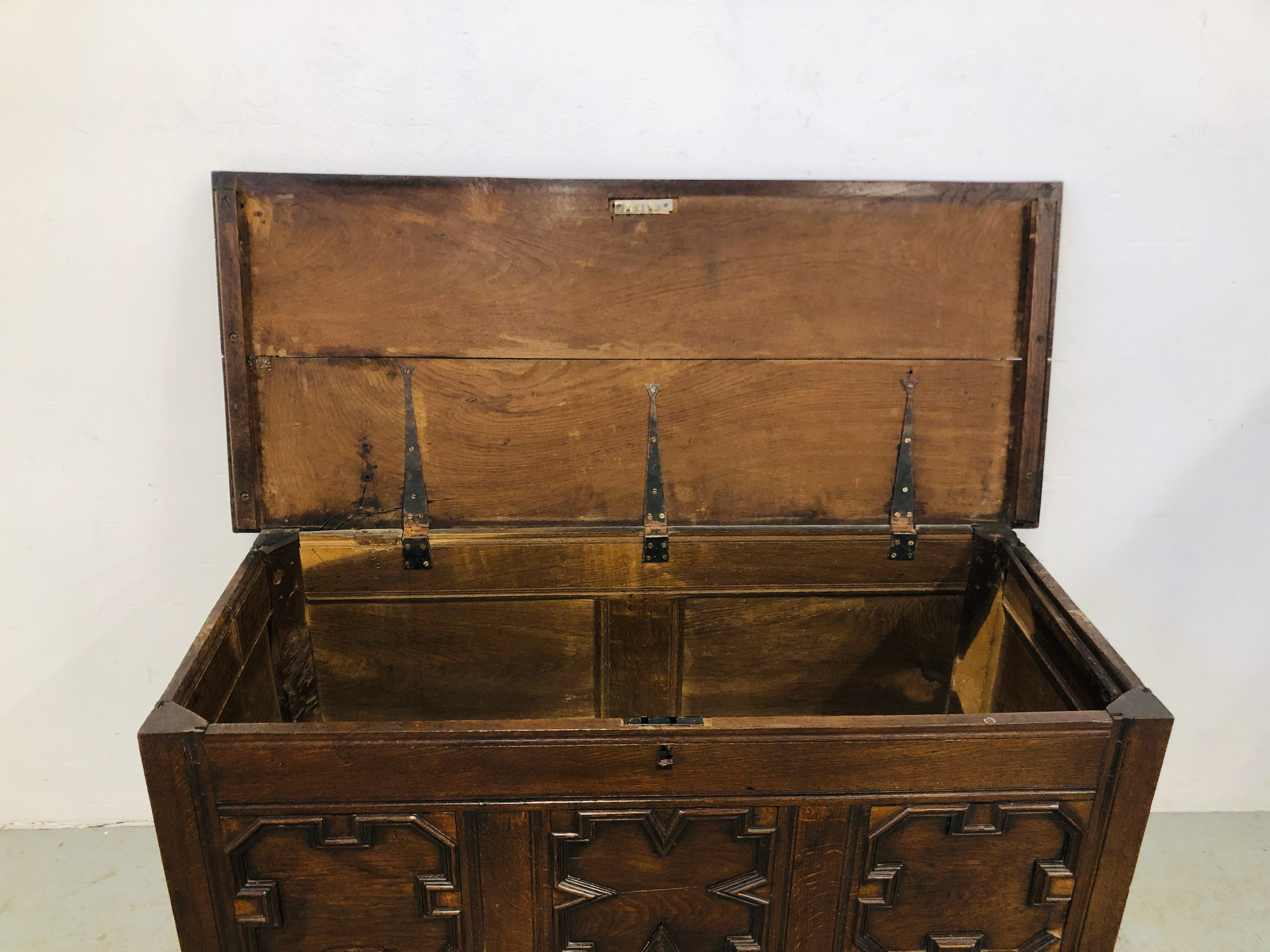 ANTIQUE OAK COFFER WITH TWO DRAWERS IN THE JACOBEAN STYLE - W 131CM. D 55CM. H 79CM. - Image 11 of 12