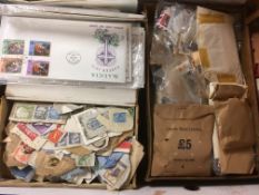 BOX WITH STAMPS IN JUNIOR ALBUMS, OLD SUITCASE AND LOOSE, ST. LUCIA FIRST DAY COVERS ETC.