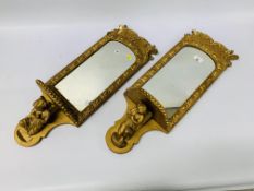 A PAIR OF GILT FINISH BRACKET MIRRORS, THE SHELF SUPPORTED BY ANGELS (SOME LOSSES) H 64CM,