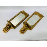 A PAIR OF GILT FINISH BRACKET MIRRORS, THE SHELF SUPPORTED BY ANGELS (SOME LOSSES) H 64CM,