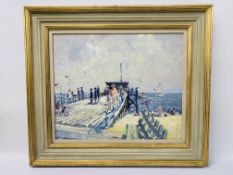 FRAMED OIL ON BOARD GREAT YARMOUTH JETTY BEARING SIGNATURE "G. CHATTEN" - W 59CM. H 49CM.