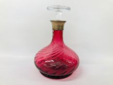 VINTAGE CRANBERRY GLASS DECANTER, CLEAR GLASS STOPPER,