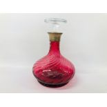 VINTAGE CRANBERRY GLASS DECANTER, CLEAR GLASS STOPPER,