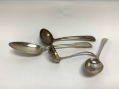 A SILVER DESSERT SPOON, PETER BATEMAN, LONDON 1796, ALONG WITH A GEORGE III SILVER SERVING SPOON,