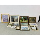 A GROUP OF FRAMED PRINTS, PICTURES & MIRROR TO INCLUDE G.