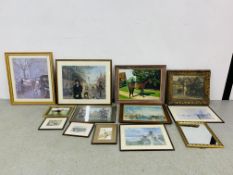 A GROUP OF FRAMED PRINTS, PICTURES & MIRROR TO INCLUDE G.