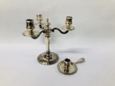 A CHRISTOFLE SILVER PLATED THREE POT TABLE CANDELABRA AND A CHRISTOFIDE SILVER PLATED CHAMBER STICK