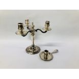 A CHRISTOFLE SILVER PLATED THREE POT TABLE CANDELABRA AND A CHRISTOFIDE SILVER PLATED CHAMBER STICK