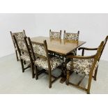 A OAK REFECTORY TABLE AND SET OF SIX DINING CHAIRS (4 SIDE + 2 CARVER) TABLE W 91CM. D 153CM.