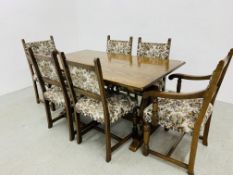 A OAK REFECTORY TABLE AND SET OF SIX DINING CHAIRS (4 SIDE + 2 CARVER) TABLE W 91CM. D 153CM.