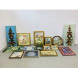 A GROUP OF FIFTEEN EMBROIDERY AND MIXED MEDICINE PICTURES TO INCLUDE FAIRY, SEASHORE, LANDSCAPE ETC.