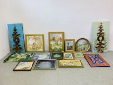 A GROUP OF FIFTEEN EMBROIDERY AND MIXED MEDICINE PICTURES TO INCLUDE FAIRY, SEASHORE, LANDSCAPE ETC.