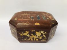 A JAPANESE RED LACQUER BOX C.1900 - WIDTH 28CM. DEPTH20CM. HEIGHT 15CM.