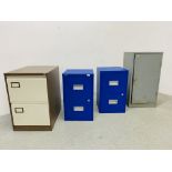 2 X SILVERLINE BLUE FINISH STEEL TWO DRAWER FILING CABINETS,