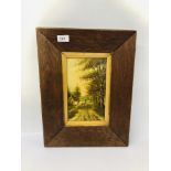 AN OAK FRAMED OIL ON PANEL DEPICTING A SHEPHERD WITH SHEEP ON COUNTRY LANE - 14 X 25CM BEARING