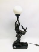 A MODERN ART DECO STYLE LAMP NUDE COUPLE, FEMALE HOLDING A SINGLE WHITE GLASS SHADE H 79CM.