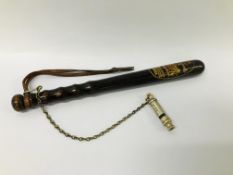 A MANCHESTER METROPOLITAN SPECIAL CONSTABLE TRUNCHEON AND WHISTLE H.R.M.