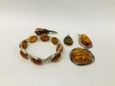 COLLECTION OF DESIGNER SILVER AND AMBER JEWELLERY TO INCLUDE AN 8 STONE BRACELET WITH SAFETY CHAIN,