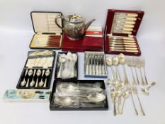 A GROUP OF CUTLERY TO INCLUDE CASED SET OF SIX SILVER TEASPOONS, COFFEE SPOONS, CASED FISH CUTLERY,