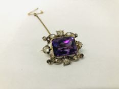 AN ANTIQUE DIAMOND AND AMETHYST SET BROOCH THE REVERSE WITH INSCRIPTION DATED 1837