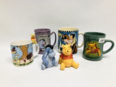 4 X WALT DISNEY MUGS ALONG WITH A WINNIE THE POOH PEPPER AND EEYORE SALT