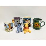 4 X WALT DISNEY MUGS ALONG WITH A WINNIE THE POOH PEPPER AND EEYORE SALT