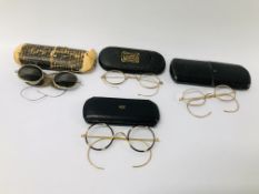 4 PAIRS OF VINTAGE GLASSES IN CASES TO INCLUDE MOTORING, YELLOW METAL ETC.