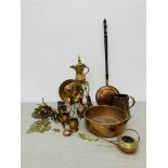 A COLLECTION OF BRASS AND COPPERWARES TO INCLUDE LARGE COPPER TWIN HANDLED PAN, CONICAL COPPER JUG,