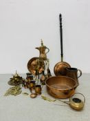 A COLLECTION OF BRASS AND COPPERWARES TO INCLUDE LARGE COPPER TWIN HANDLED PAN, CONICAL COPPER JUG,