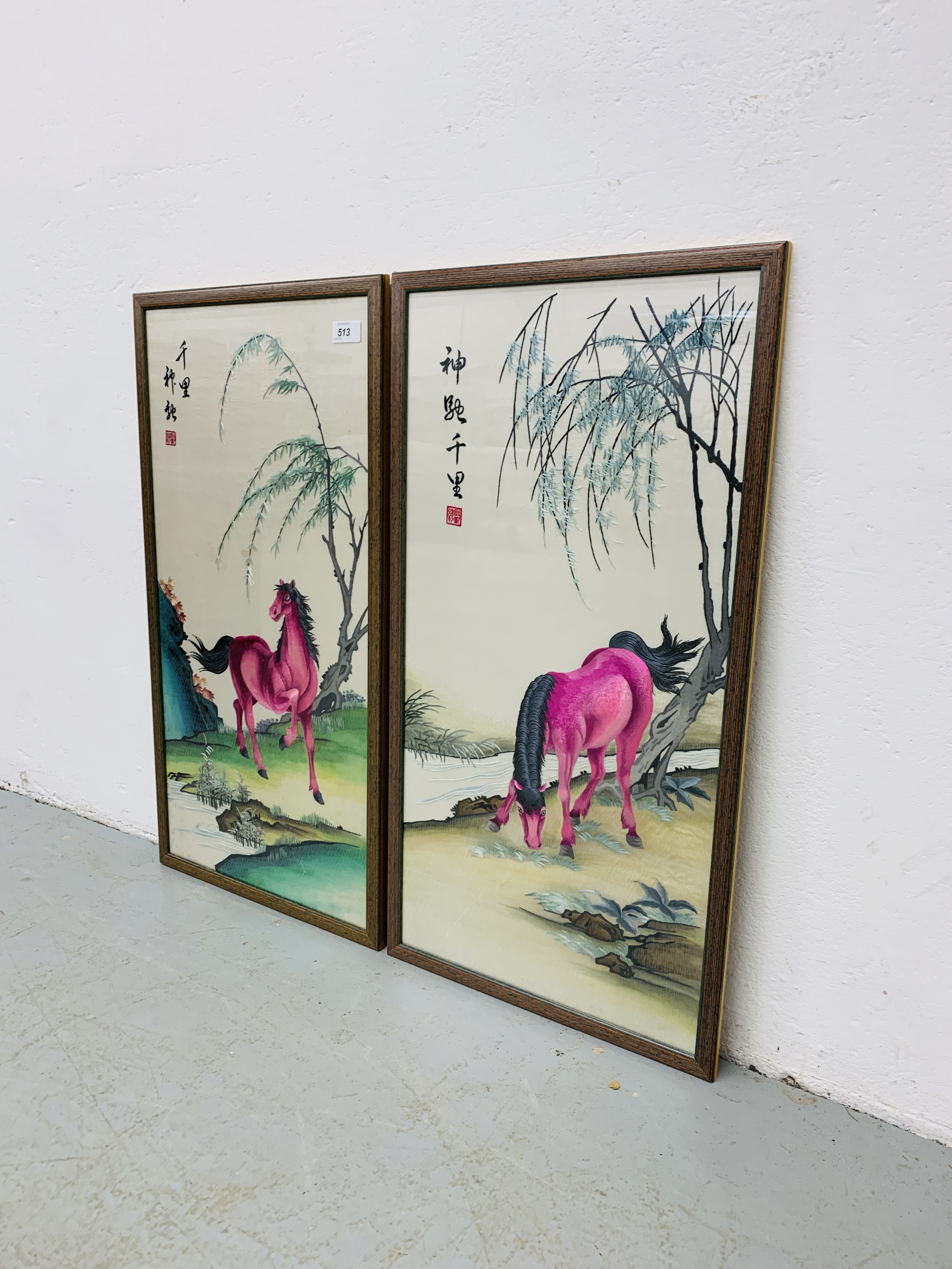 A PAIR OF FRAMED ORIENTAL EMBROIDERIES ON SILK DEPICTING PINK HORSES EACH - W 39CM. H 75CM. - Image 2 of 8