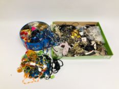 TRAY AND A TIN OF ASSORTED COSTUME JEWELLERY NECKLACES, BRACELETS ETC.