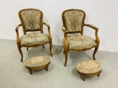 PAIR OF REPRODUCTION TAPESTRY UPHOLSTERED ARM CHAIRS ALONG WITH MATCHING FOOTSTOOLS